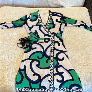 Stylish Green and Blue Wrap Dress